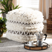Baxton Studio Vesey-White/Grey-Pouf Vesey Moroccan Inspired Beige and Brown Handwoven Wool Pouf Ottoman